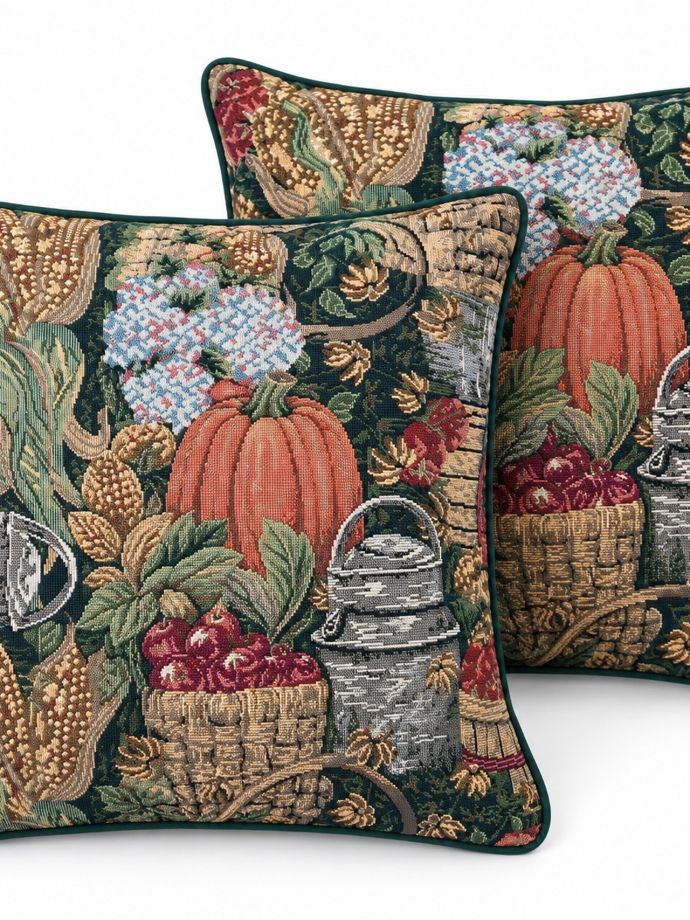 Set of 2 Fall Harvest Tapestry Throw Pillows 18x18 Pumpkin Cottage Farmhouse